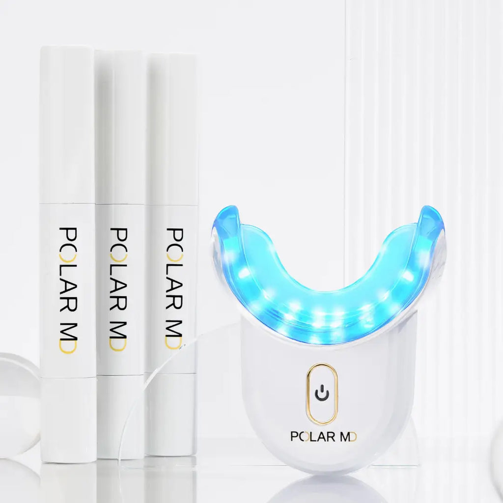 photo of polar md mouthpiece and 3 whitening strips